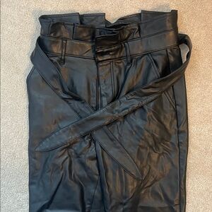 Black Paperbag Faux Leather Pants with Belt